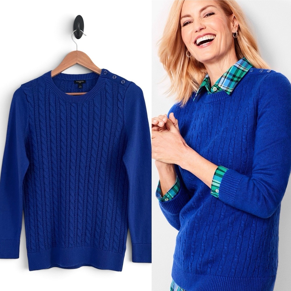 Talbots Women Petite Small Blue Cotton Cable Knit Button Long Sleeve Sweater NWT